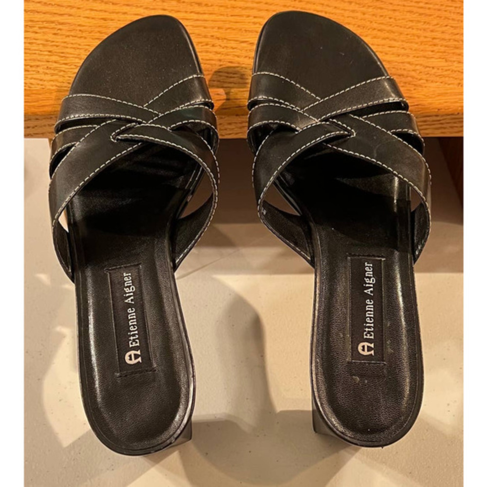 Etienne Aigner Black Open Toe Slip On Sandals Size 9.5M